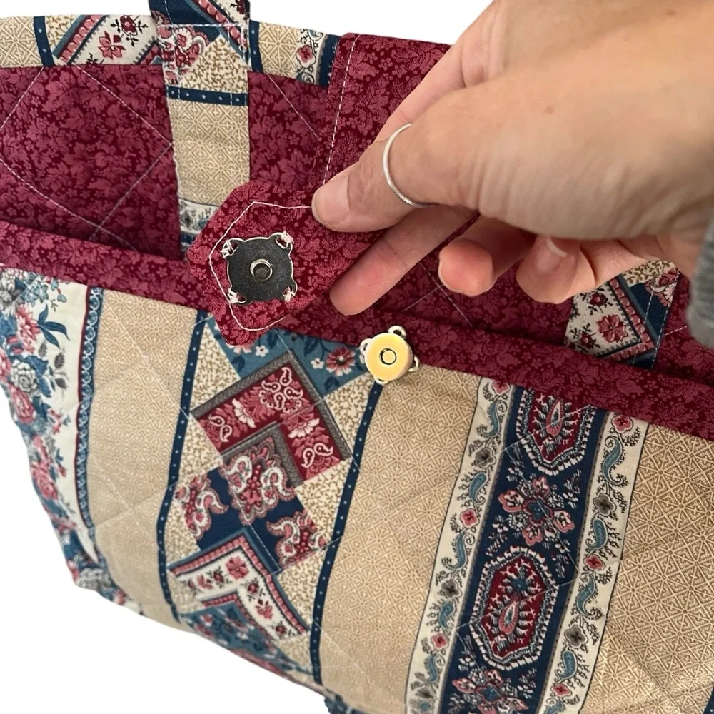 Vintage 90s handmade quilted floral stripe tote bag pink blue cream